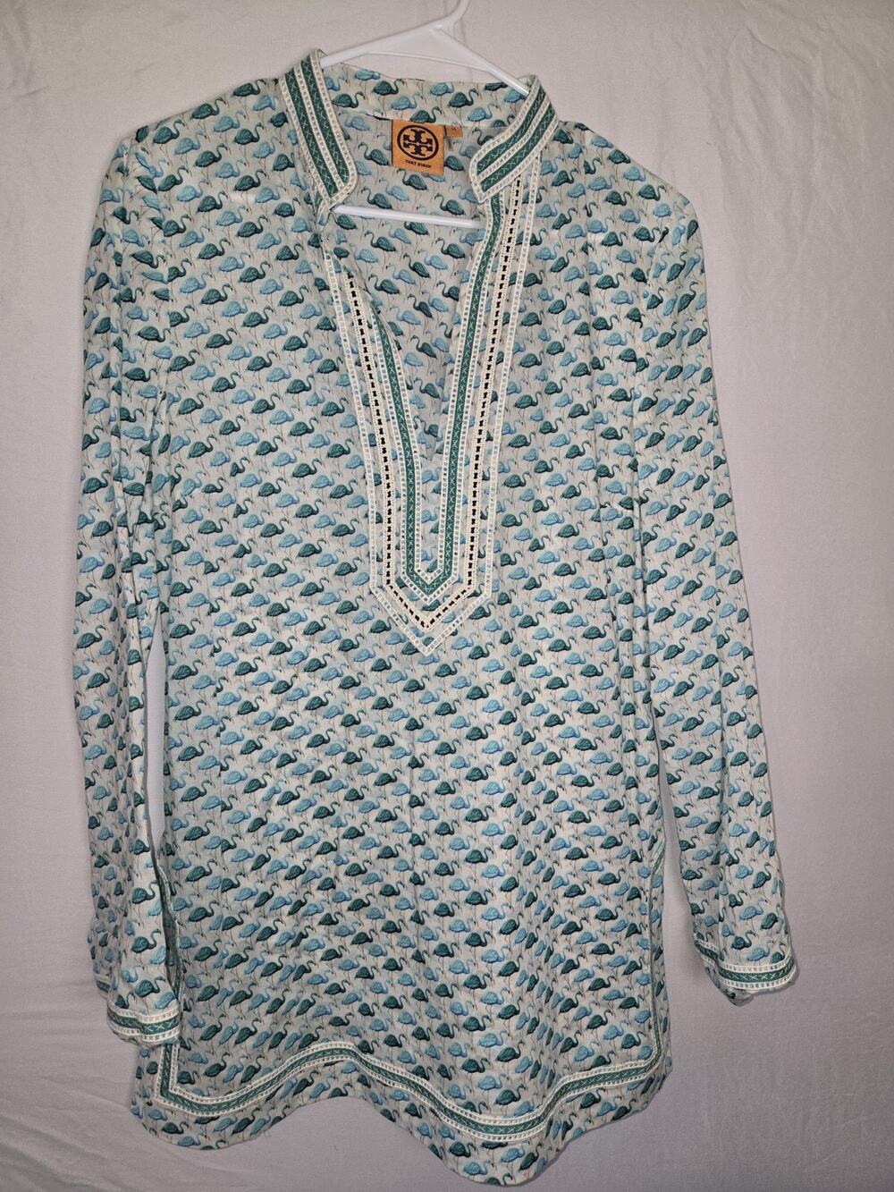 Tory Burch Womens US Size 10 FLAMINGOS pattern Tunic Top Shirt Cotton Cruisewear